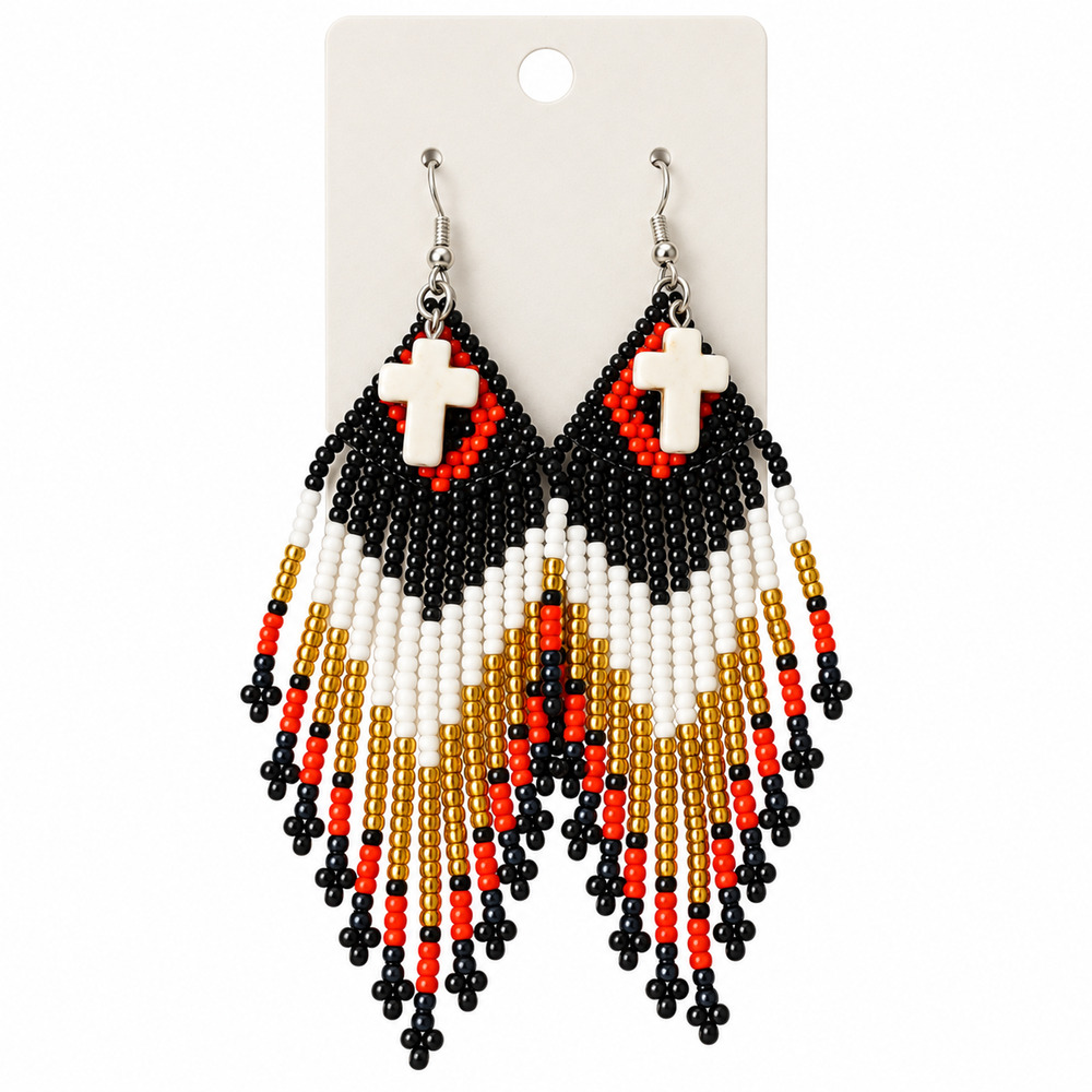 Hand Beaded Black, Red, Gold, and White Fringe Earrings with Crosses